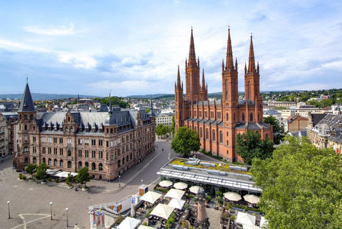 Luftbild Wiesbaden, Fußgängerzone, Rathaus und Markrktkirche